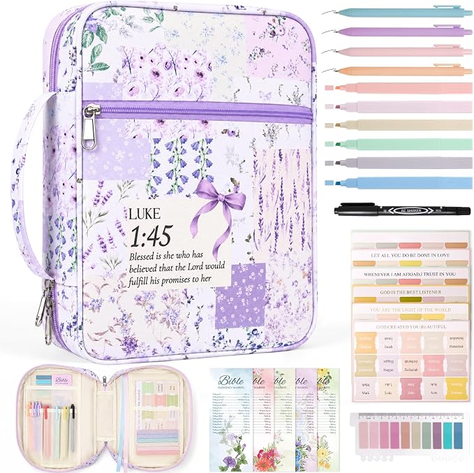 XKDOUS Bible Cover for Women Church Book Holder Canvas Patchwork Carrying Case with Handle, Study Supplies Carrier Portable Bible Bag Journaling Kit Christian Gifts for Mom, Friends