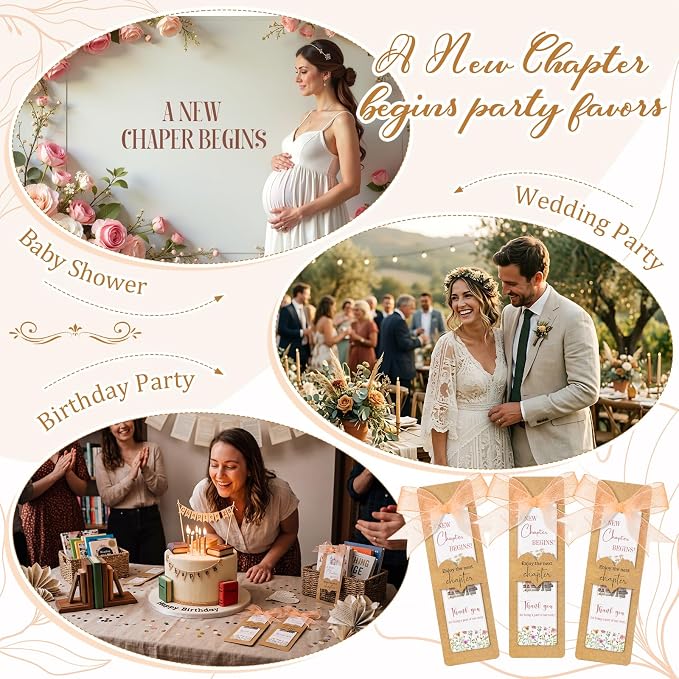 Resurhang 20 Sets A New Chapter Begins Acrylic Bookmark with Kraft Bookmark Sleeves and Ribbon DIY Bookmarks Cards Set Next Chapter Party Decor for Baby Shower Bridal Shower Wedding Book Party Favors