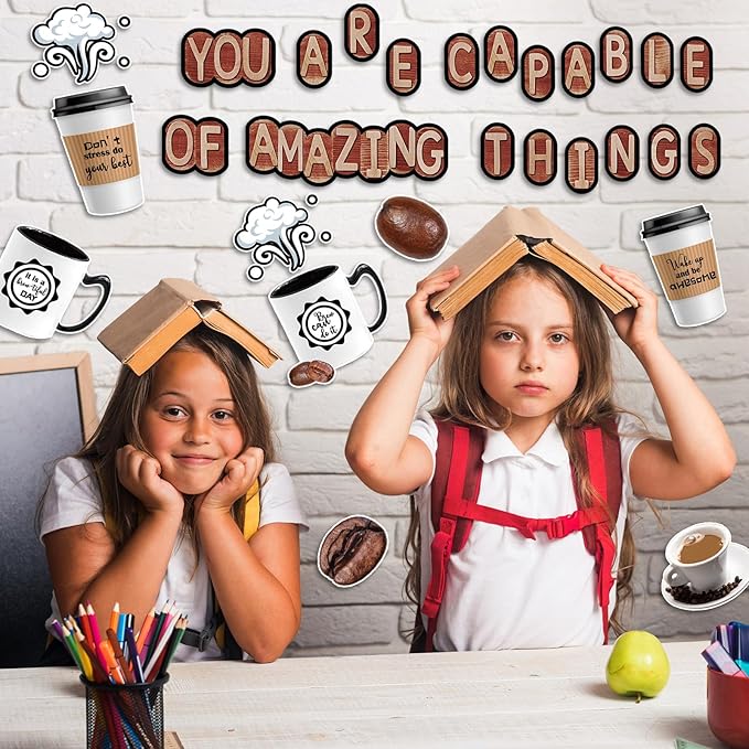 Teling 89 Pcs Industrial Cafe Bulletin Board Set Coffeehouse Themed Bulletin Board Industrial Cafe Classroom Decor Bulletin Board Themed Sets Coffee Classroom Decor for Classroom Home (Novel Style)