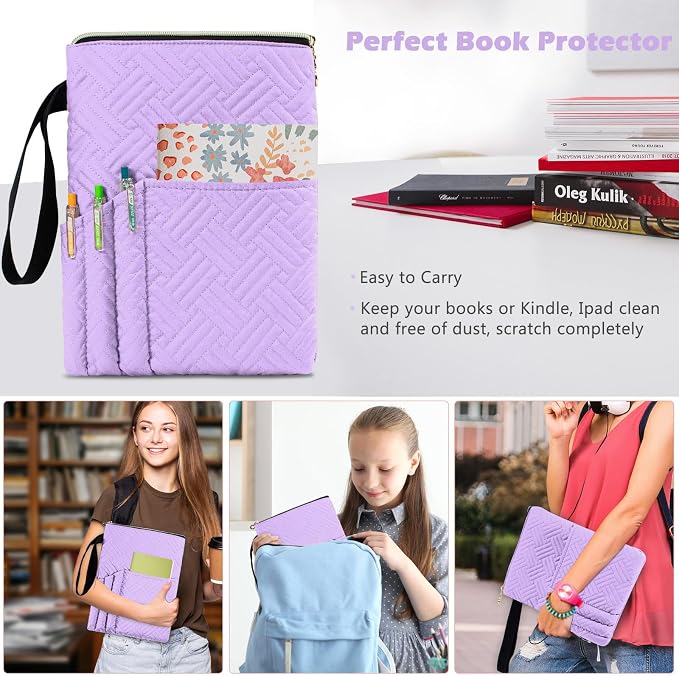 APLUFINE Book Sleeve With Zipper, 11"X9" Padded Book Protector, Washable Quilted Book Covers for Paperbacks, Book Pouch with Pockets for Kindle, Ipad, Book Lover Gifts