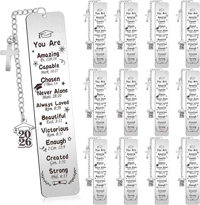 Skyygemm 12 Pcs Metal Graduation Inspirational Bible Verse Christian Bookmarks Cross Chain Class of 2026 Graduation Gifts Christian Religious Gifts for Him Her College High Middle School Students Grad
