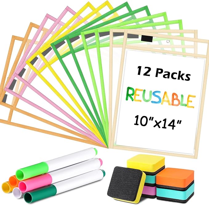 Watersay 24 Pcs Dry Erase Pocket Reusable Sleeves 10" x 14" Clear Plastic Sheet Protectors with Markers and Mini Dry Erasers for Paper(Modern Boho)