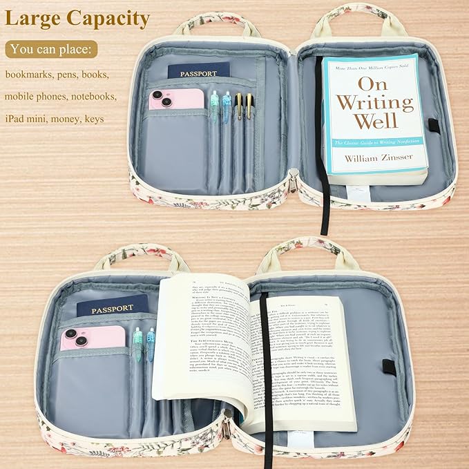 DSIUE Kids Bible Cover Case Gilrs Corduroy Bible Carrying Case Book Holder/Carrier/Bag with Handle and Pockets, Blue Patchwork Floral