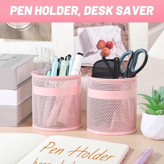 Segarty Pen Cup Holder for Desk, 3 Pack Pink Pencil Holder, 3.9 x 4.2 inch Large Metal Mesh Pen Container Set Desktop Accessories Organizer for Office Supply, School Classroom, Makeup Brush