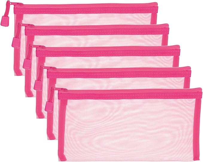 PATIKIL B6 Mesh Zipper Pouch Bags, 5 PCS Mesh Bags with Zipper Plastic Storage Pocket for Organizing File Beads Office Home Supplies, 11.5x23cm, Rose Red