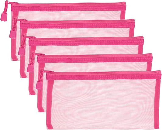 PATIKIL B6 Mesh Zipper Pouch Bags, 5 PCS Mesh Bags with Zipper Plastic Storage Pocket for Organizing File Beads Office Home Supplies, 11.5x23cm, Rose Red