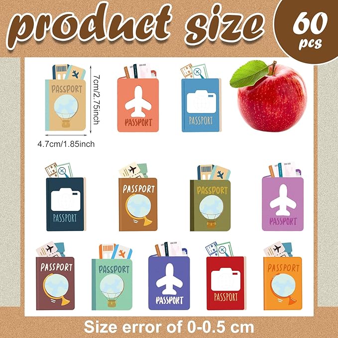 Junkin 60 Pieces Travel the Map Passports Mini Accents Passports Cutouts World Travel Bulletin Board Decorations for School Office Home Nursery Teacher Party Classroom Decor (Passport)