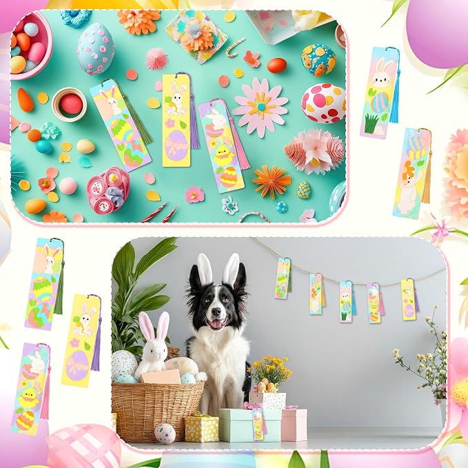 AmazingSpark 100 Pcs Easter Wood Bookmarks Bulk DIY Crafts Kit, 50 Set Blank Easter Bunny Coloring Bookmarks with Tassel for Classroom Gifts Exchange Activity Reading Party Favor Reward Goodie Fillers