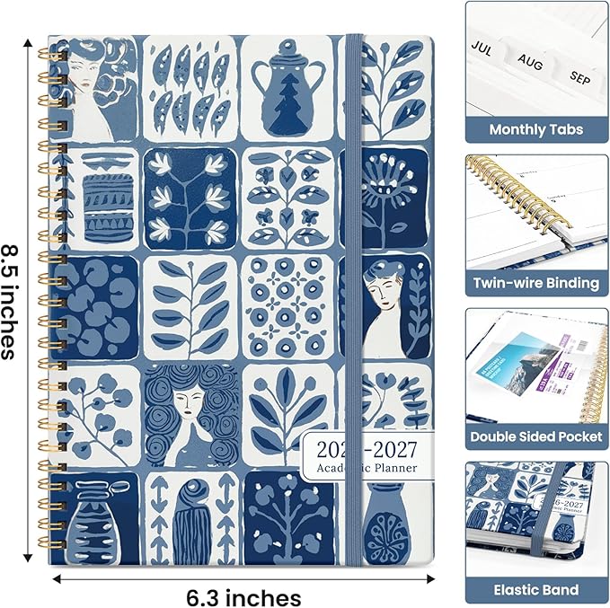 Planner 2026-2027, Academic Year Monthly and Weekly Calendar Planner, Jul 2026 - Jun 2027, Hardcover Teacher Student Planning Agenda book with Tabs, Perfect for School Office Supplies, 6.3" x 8.5" - Blue Art