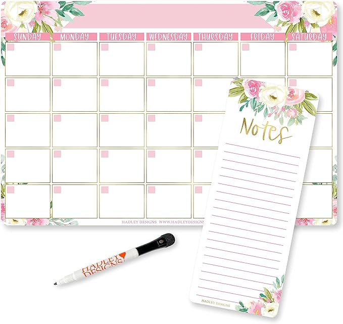 Hadley Designs - Floral Dry Erase Board Calendar for Fridge, Wall - Magnetic Notepad