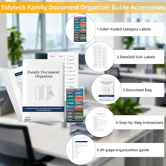 Deluxe Pro Small Next of Kin Box Organizer with 55-Page Family Document Guide, Fireproof Foldable File Organizer with Combination Lock, 5 Hanging Files and 128 Category Labels (13"L×6.3"W×8.3"H)