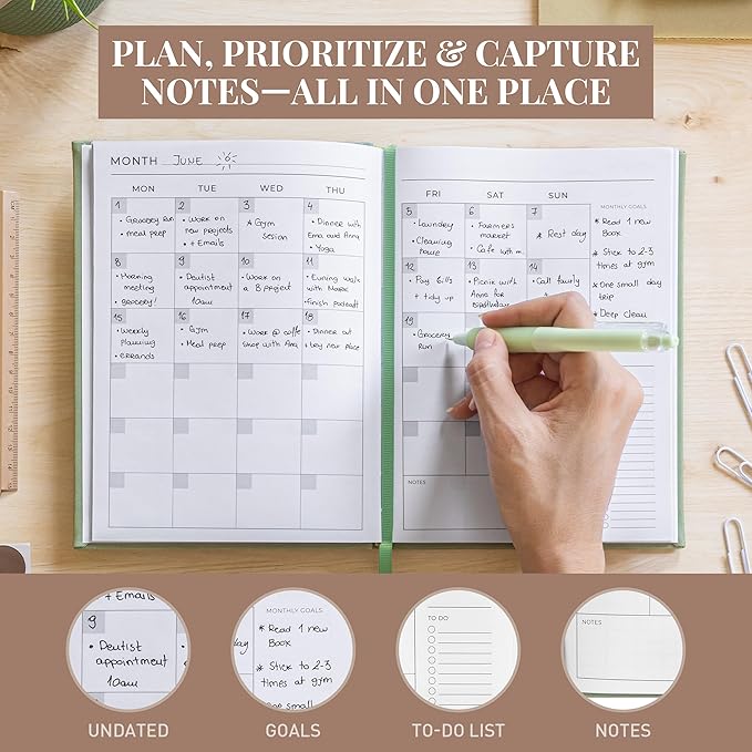 Rileys & Co Undated Daily Planner 8 x 6 in, Day Schedule Planner & Agenda Book, Journal with Goal & Habit Tracker, No Dates Dateless Annual Organizer for Work, School & Home - Green