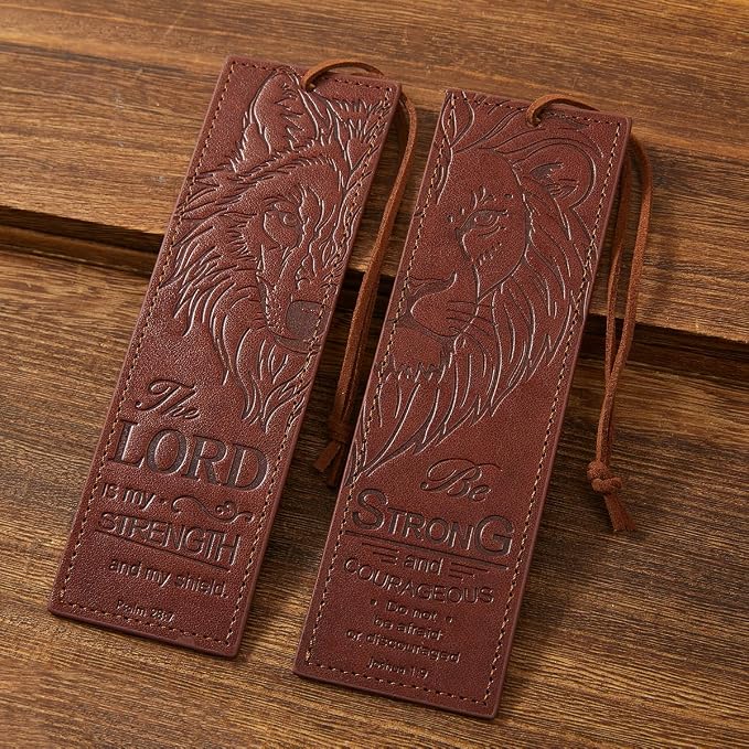 2 Pcs Wolf Lion Leather Bible Bookmark, Christian Bookmarks Gifts for Men Book Marks for Reading Men (Brown)