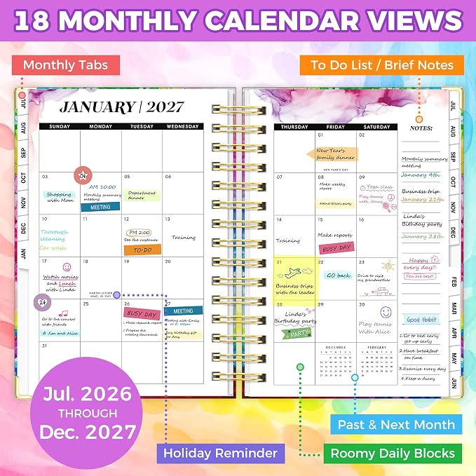 Planner 2026-2027, 18 Month Weekly and Monthly Academic Planner, July. 2026 - Dec. 2027, 6.6" x 8.3" A5 Hardcover Calendar Planner with Page Tabs, Separator Page, Inner Pocket, Bookmark, Stickers, Sticky Note Set