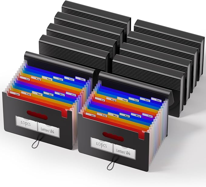 ThinkTex 10-Pack Accordion File Folders - 12 Pockets Bulk Expanding Organizer, Heavy Duty Letter/A4 Document Holder with Color Tabs for Business Tax, School & Office & Back to School Supplies - Black