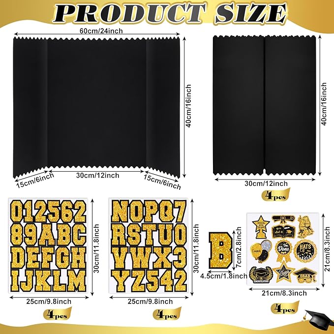 AmazingSpark 4 Sets Graduation Photo Display Board Trifold Poster Board with 12 Graduation Themed Stickers for 2026 Grad Party Decoration Picture Collage Frame Supplies (24 x 16,Black Gold)