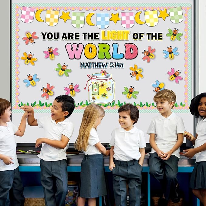 Christian Religious Bulletin Board Let Your Light Shine Bible Verse Bulletin Board Decorations Mason Jar Cutouts Firefly Name Tags for Sunday School Church Back to School Chalkboard Door Supplies