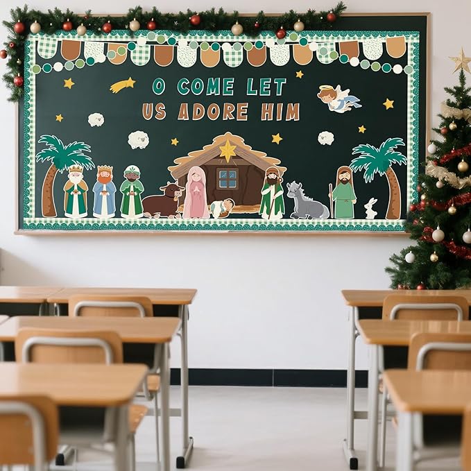 Christmas Nativity Bulletin Board Set Jesus Christian Classroom Decorations O Come Let Us Adore Him Paper Cutouts for Holy Family Xmas Holiday Sunday School Religious Church Decor