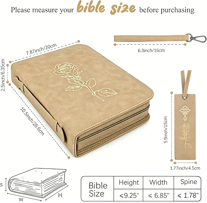 Leather Bible Cover for Woman & Men, Women’s Bible Case with Rose Bookmark Supplies-Girls Carrying Bag Tote with Strap, Personal Size Book Organizer for Journaling Bible-Khaki