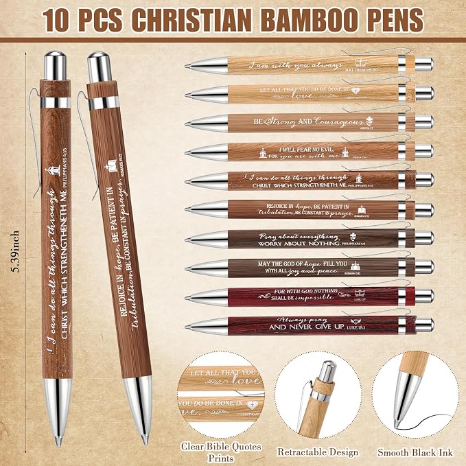 Gueevin 10 Sets Father's Day Christian Church Gift Bulk Bible Verse Bamboo Pens Religious Bookmarks and Scripture Silicone Keychains, Father's Day Thank You Gifts for Men