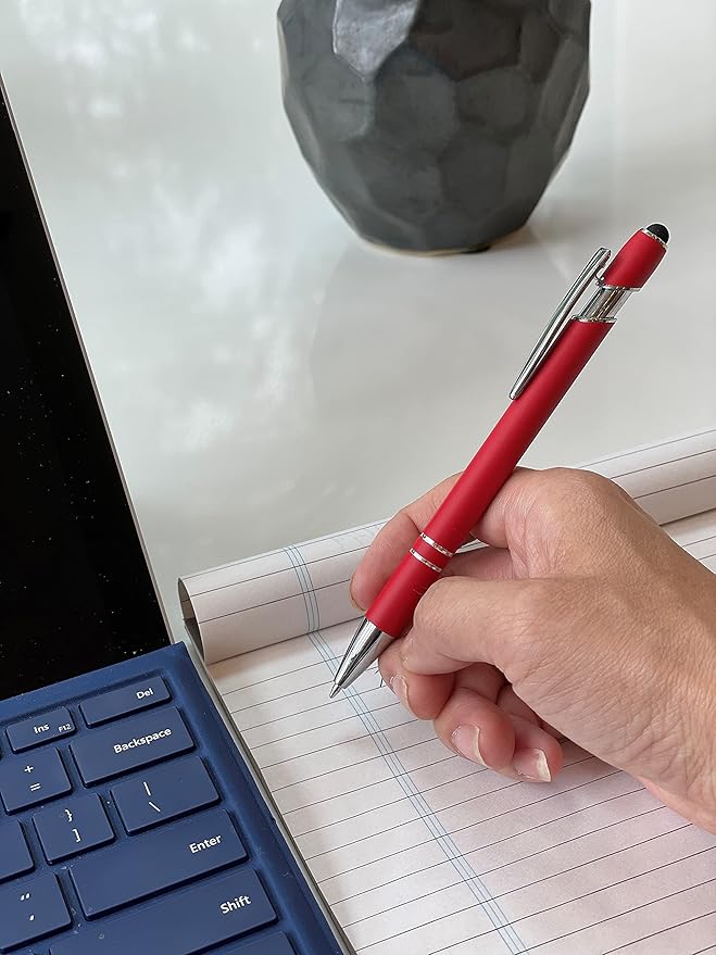 Pack of 5 Rubberized Comfort Soft Touch 2 in 1 Ballpoint Pen Capacitive Stylus Tip, Premium Metal Medium Point, Black Ink, Compatible with Most Touch Screens (Red)