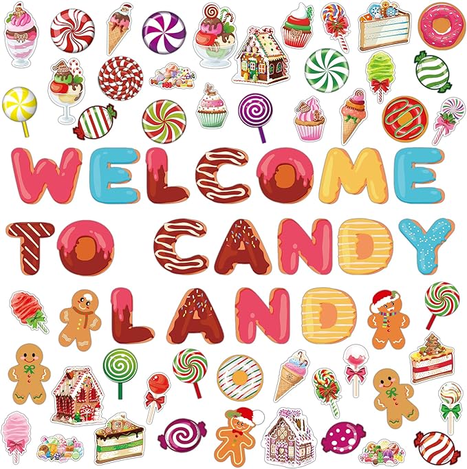 Marspark 68 Pcs Candy Land Decoration Christmas Bulletin Border Decoration Welcome to Candy Land Decor Donut Peppermint Round Gingerbread Man House Cutouts for Classroom Wall Decor
