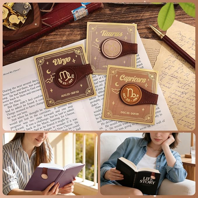 3 PCS Leather Magnetic Bookmark Clips, Zodiac PU Leather Bookmarks for Book Lovers, Full Set of Book Clip Accessories, Earth Sign
