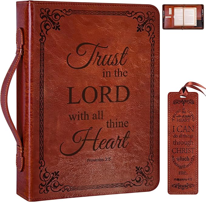 Extra Large Bible Cover Case for Men Women, Mens Bible Covers Cases Leather Bible Cover Carrying Case for Women Men with Handle Zippered Bible Book Cover Holder Bag Case (Brown, XL)