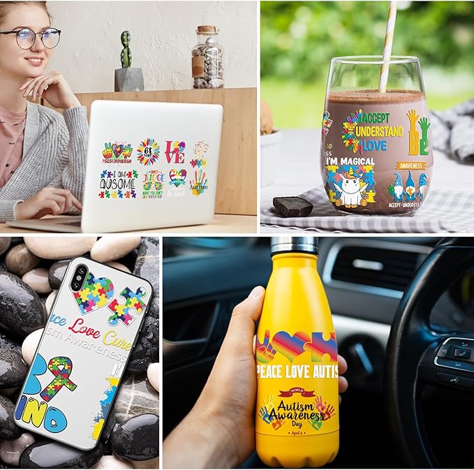 UV DTF Transfer Cup Sticker - 10 Sheets Autism Awareness UV DTF Cup Wraps for 16 oz Glass Cups, Waterproof Autism Colorful UV DTF Transfer Stickers, Personalized DIY Water Bottle Decals Crafts Gifts