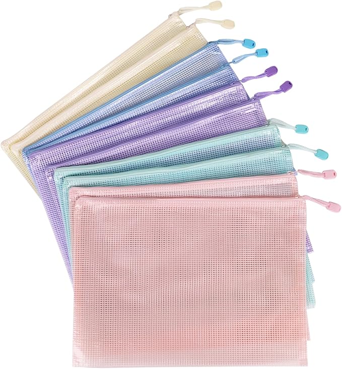 10 Pcs A4 Clear Zipper Pouch Bags - 5 Colors Plastic Mesh Storage Organizers for School Supplies, Office Travel Accessories & Classroom Organization (A4)
