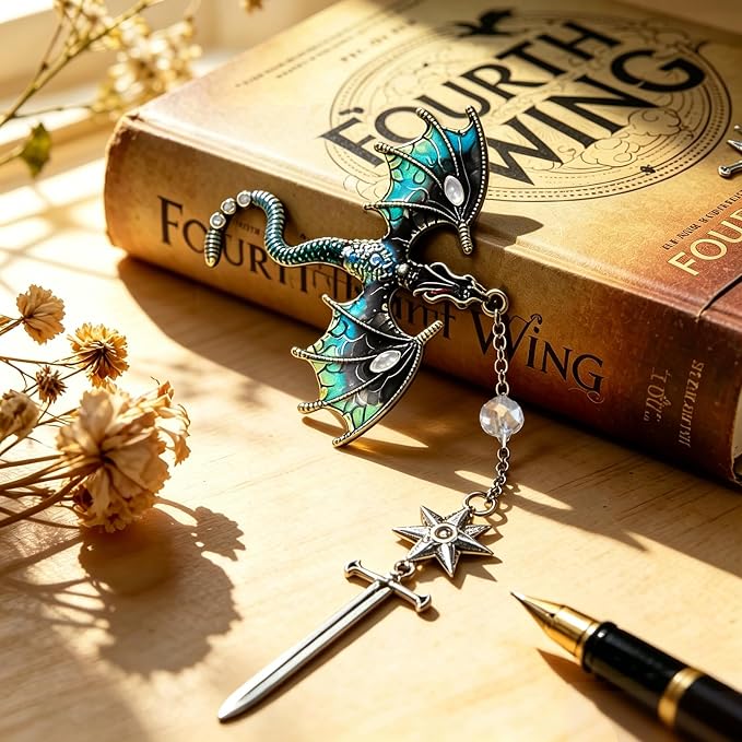 Vintage 4th Wing Blue Dragon Bookmark, with Sword Pendant Wings of Fire, Cool, Unique Bookmarks for Reading Women, Men, Book Lovers, Girls, Teens, Teachers and Students