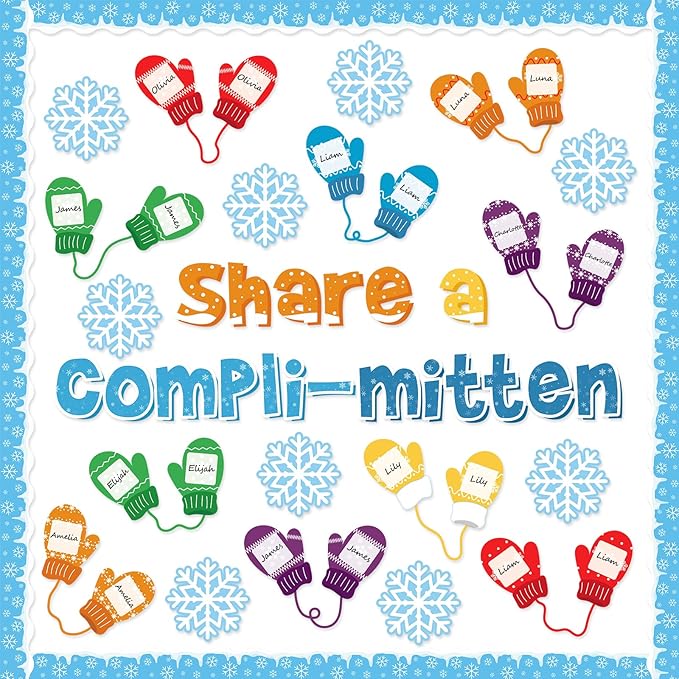 Funrous 45 Pcs Winter Bulletin Board Set Share a Compli-Mitten Interactive Classroom Decor Winter Gloves Snowflake Cutouts Christmas Bulletin Board for Holiday Party School Classroom Home Wall Decor