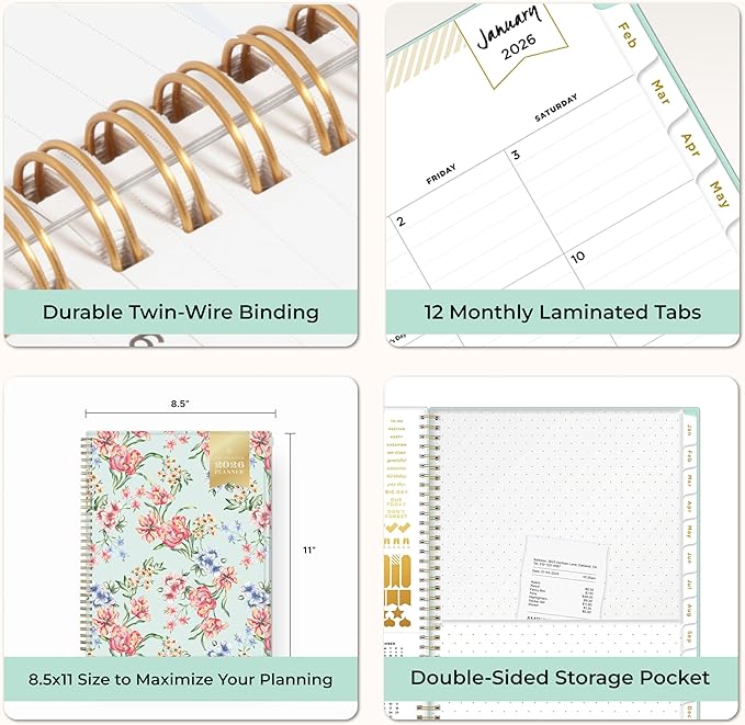 Blue Sky Day Designer 2026 Weekly and Monthly Planner Calendar, January 2026 - December 2026, 8.5" x 11", Flexible Cover With Zip Pouch, Durable Twin Wire Binding, Storage Pocket, Includes Stickers, Tulip Garden Mint