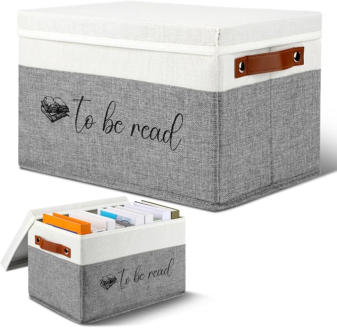 Marsui Book Lover Gifts TBR Book Storage Basket with Lids to Be Read List Storage Bin Bookish Accessories Bookworm Gift for Club Members Student Teacher Reading Accessories(White and Grey)