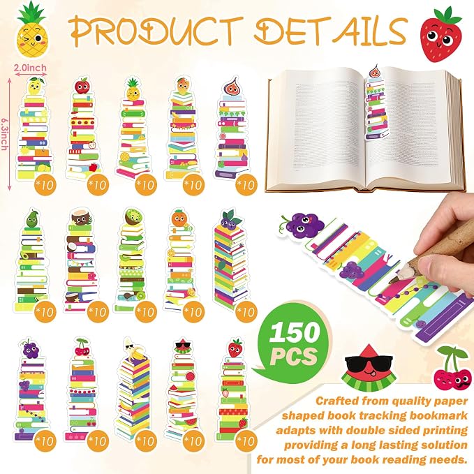 Kolldenn 150 Pcs Book Tracker Bookmarks Bulk 6.3 x 1.97 Inch Bookshelf Love to Read Bookmarks Paper Tracking Double Sided Reading Page Markers for Back to School Reading Lover(Fruit)