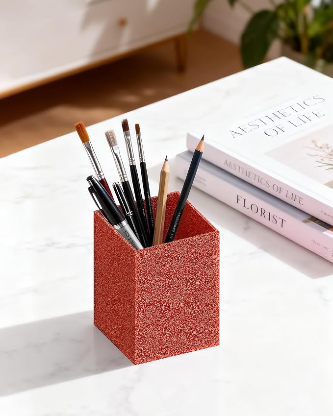 Red Glitter Acrylic Pen Holder, Acrylic Makeup Brush Storage Organizer, Pencil Pen Holder for Desk, Modern Desktop Accessories for Office School Home Supplies