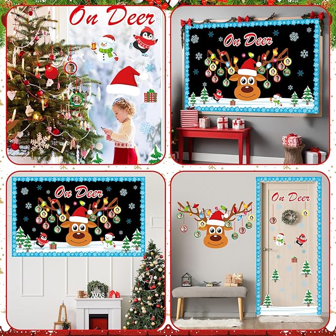Christmas Reindeer Bulletin Board Set Winter Deer Bulb Classroom Decoration Xmas Large Elk DIY Photo Crafts Cutouts Snowflakes Bulletin Board Border for Holiday Party Classroom Wall Decor