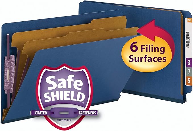 Smead 100% Recycled End Tab Pressboard Classification File Folder with SafeSHIELD Fasteners, 2 Dividers, 2" Expansion, Legal Size, Dark Blue, 10 per Box (29784)