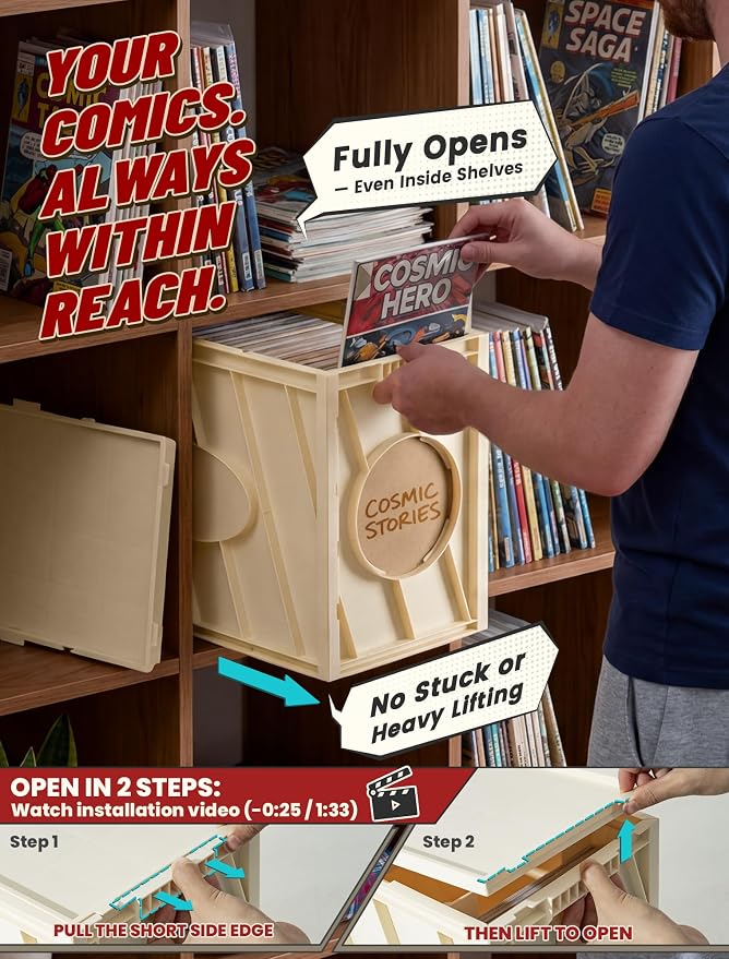 INMAKER Comic Book Storage Box, Holds Up to 150 Comics, Acid Free Plastic Book Bin with 2 Adjustable Dividers (Warm White)