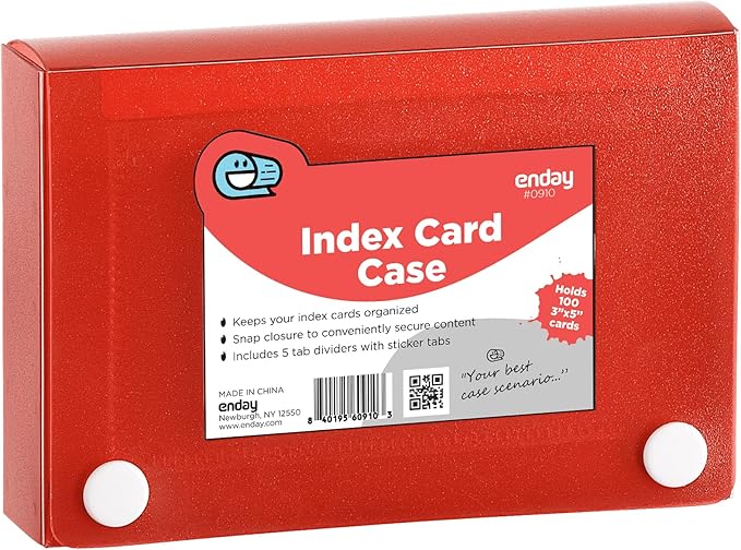 Index Card Holder Red, 3x5 Note Flash Card Organizer Case, File Box with 5 Dividers, Notecard Box Holds 100 Cards, Also Available in Blue, Purple, Green, Pink, Grey, 1 Pack – By Enday
