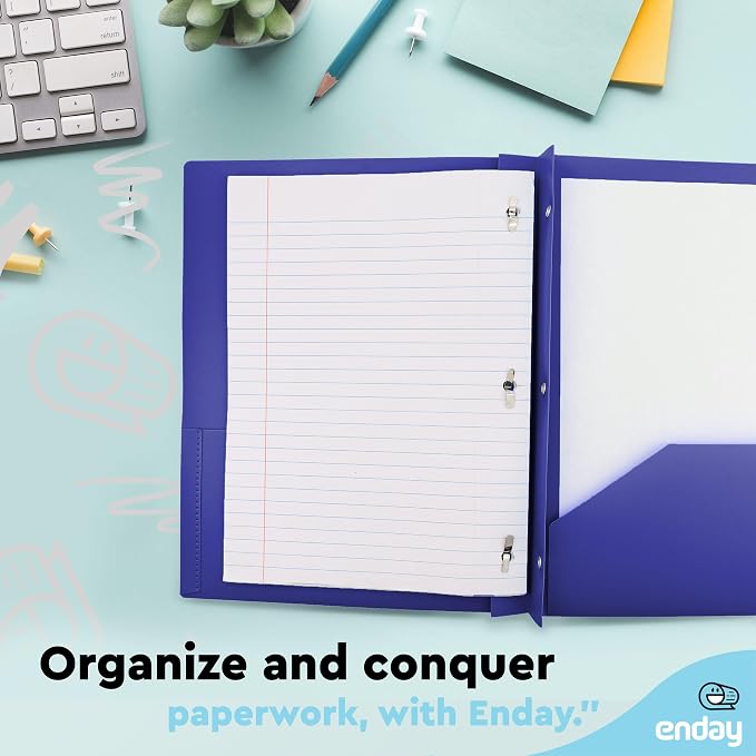 Plastic Folders with Pockets and Prongs Blue, Two Pocket Folder with Brads, 3 Prong Folders with Pockets for Letter Size Sheets, Also Avail in Purple, Black, Green, Yellow, Orange, 6 Pc –by Enday