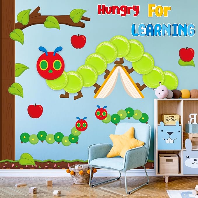 AgincBerry Spring Caterpillar Bulletin Board Decoration - 85Pcs Insect Theme Bulletin Border Set for Classroom 3D Paper Plate Caterpillar Very Hungry for Learning Cutout for White Chalkboard Decor
