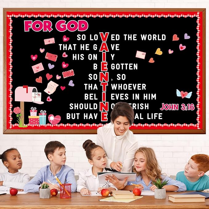 Valentine's Day Jesus Religious Bulletin Board Christian Classroom Decorations February Valentines Letter Heart Mailbox Cutouts Sunday School Bulletin Board Border for Kids School Home Door Decor