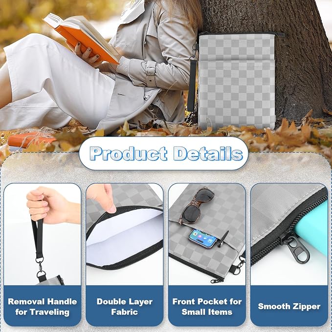 Book Sleeves with Zipper, Travel Book Protector Pouch for Paperbacks & Hardcover Books, Book Covers Bags Carry Case/Front Pocket & Handle Strap for Book Lovers Mother's Day (Grey with Block, 1 Pc)