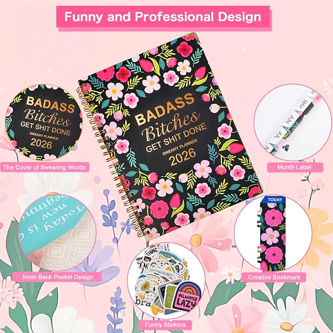 Badass Bitches Get Shit Done Sweary A5 Planner 2026-6.2 * 8.5" Weekly Monthly You Are A Badass Calendar for Women, Fuck It Swear Daily Notebook for Goals Productivity Journal Affirmations Gift, Black