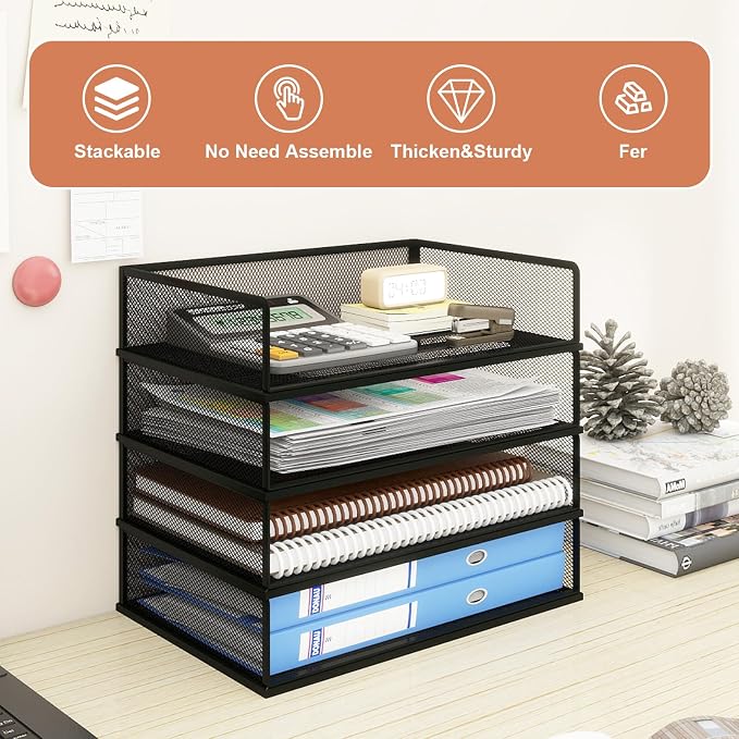 Natwind 3 Tier Letter Trays, File Trays for Desk Stackable,Desktop Paper Organizers for Office Supplies, Metal Mesh File Organizer，Office Organizer，Letter Trays for Home, Office, School，Black