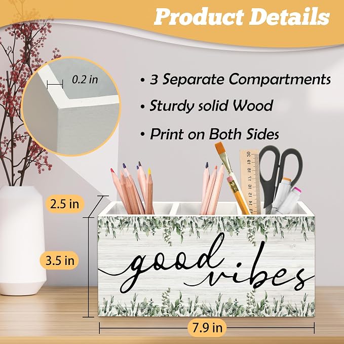 Inspirational Good Vibes Pen Holder Organizer for Desk Accessories, Motivational Botanical Wooden Box Sign Desk Decorations for Girls Room Bedroom Decor, Inspirational Gifts for Women