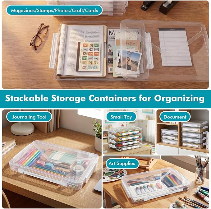 Novabright 5 Pack Clear Plastic File Boxes with Handle Portable Project Case Paper Storage Bin with Lid Transparent Stackable Container Document Magazine Protector for A4 Paper Photo Craft Scrapbook