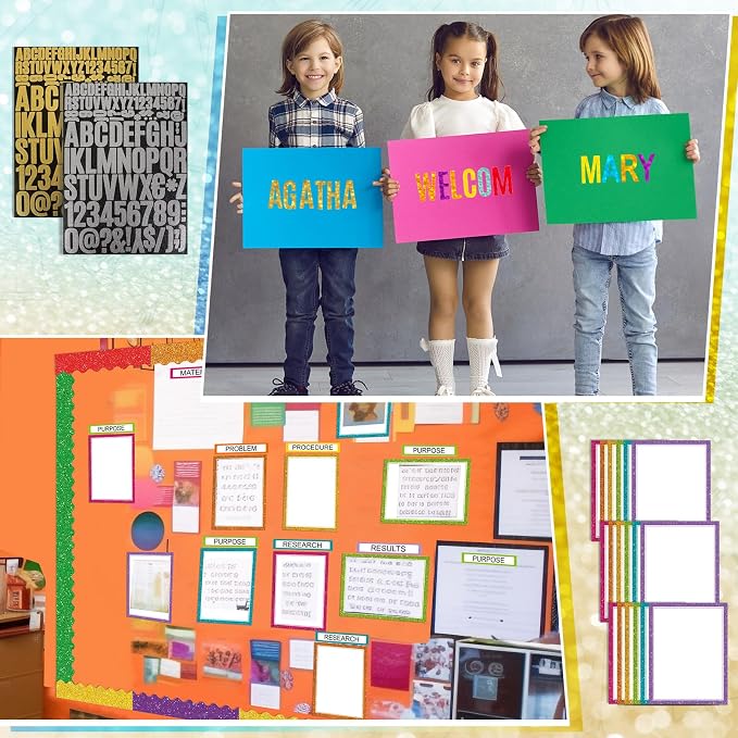 Sinload 92 Pcs Science Fair Board Supplies 60 Trim Scalloped Poster Boards 18 Presentation Subtitles 6 Project Titles 8 Letter Sticker for Classroom Display Boards (Glitter Neon,Wave)