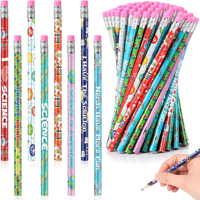 Nezyo 96 Pcs Science Pencils Bulk Lab Week Gifts 2026 Science Party Favors Cute Chemistry Pencils with Erasers and Motivational Sayings for Fun Scientist Theme Birthday Gifts Reward Teacher Supplies